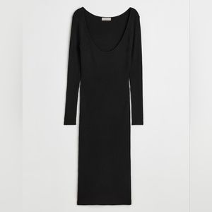 H&M NWT Black Rib-Knit Knee-Length Long Sleeved Scoop Neck Bodycon Dress Size M